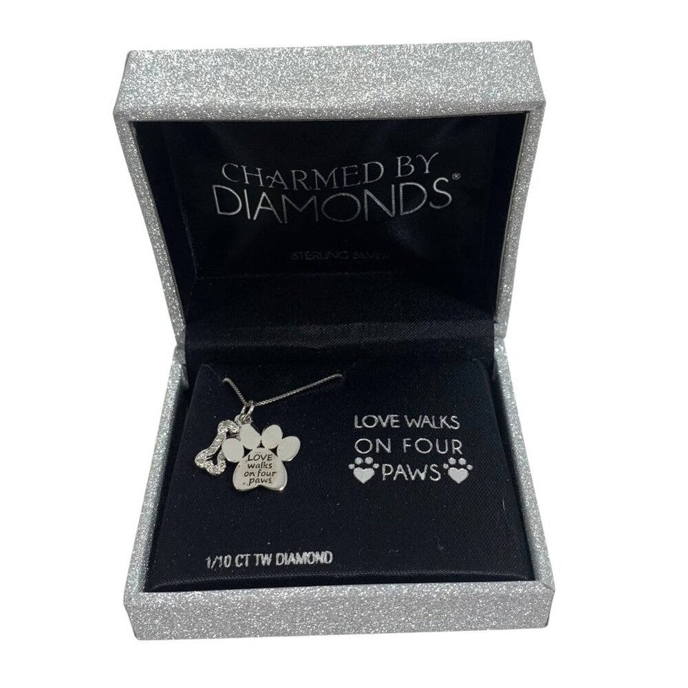 Love Walks on Four Paws Dog Bone + Paw 16" S/S Necklace Diamond 1/10 ct NWT $150